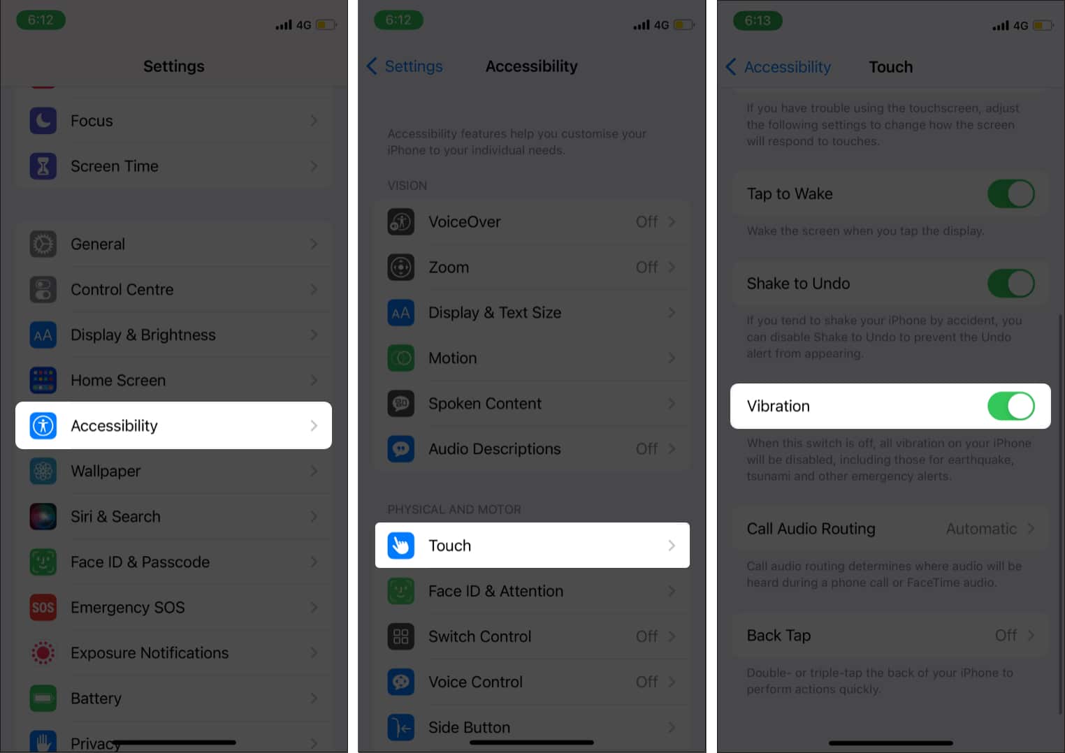 Enable vibration in accessibility settings on iphone
