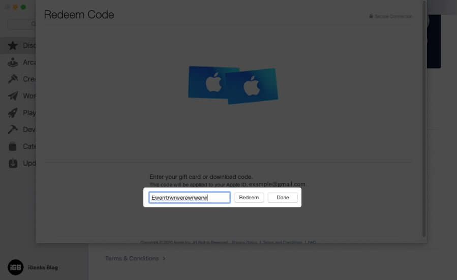 Enter Code to Redeem App Store and iTunes Gift Card on Mac
