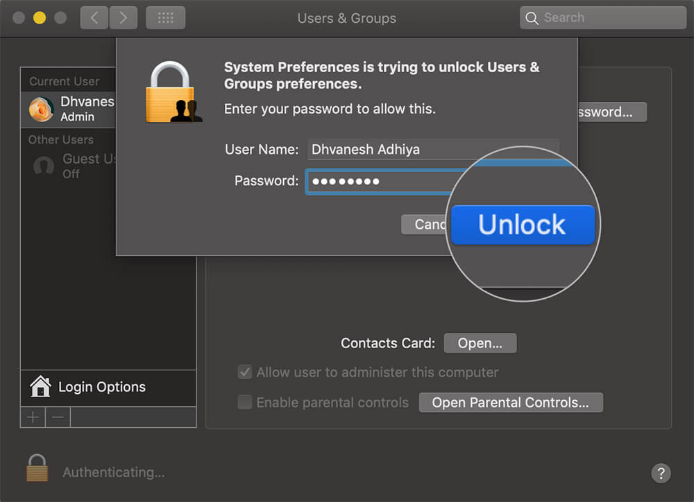 Enter Mac System Password