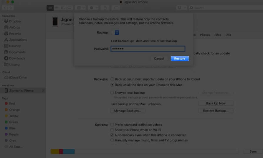 Enter Password and Click on Restore on Mac