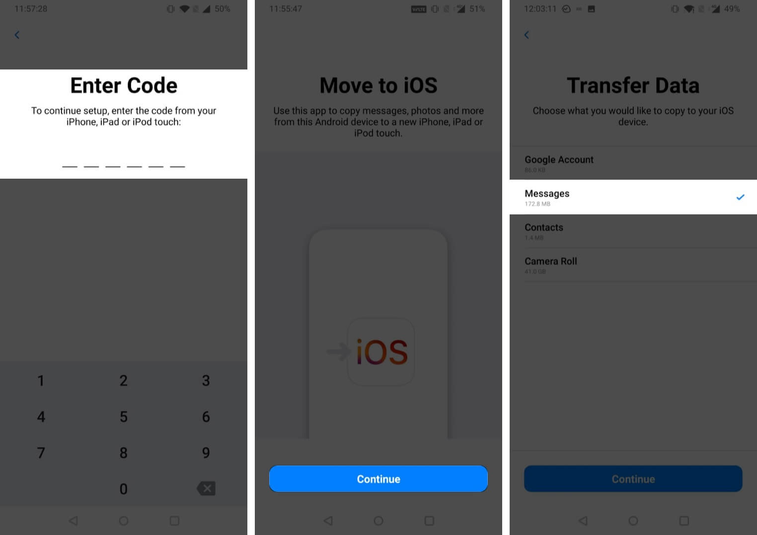 Enter code on Android device and select Messages to transfer on iPhone