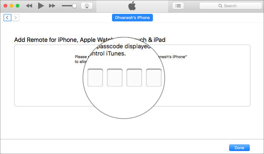 Enter four-digit code to Pair iPhone with iTunes Library Using iTunes Remote