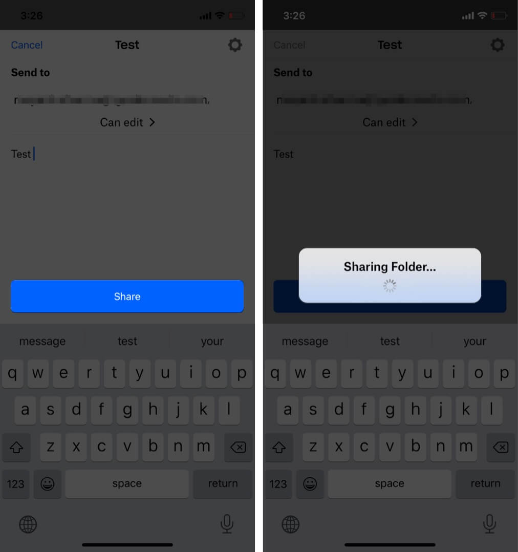 Enter mail ID and tap Share in Dropbox app