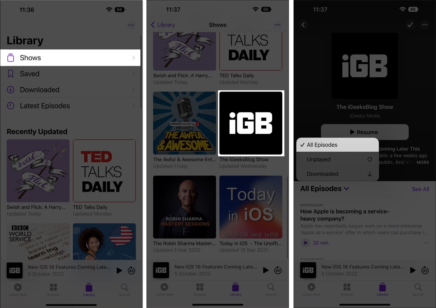 Filter seasons and episodes in Podcasts app