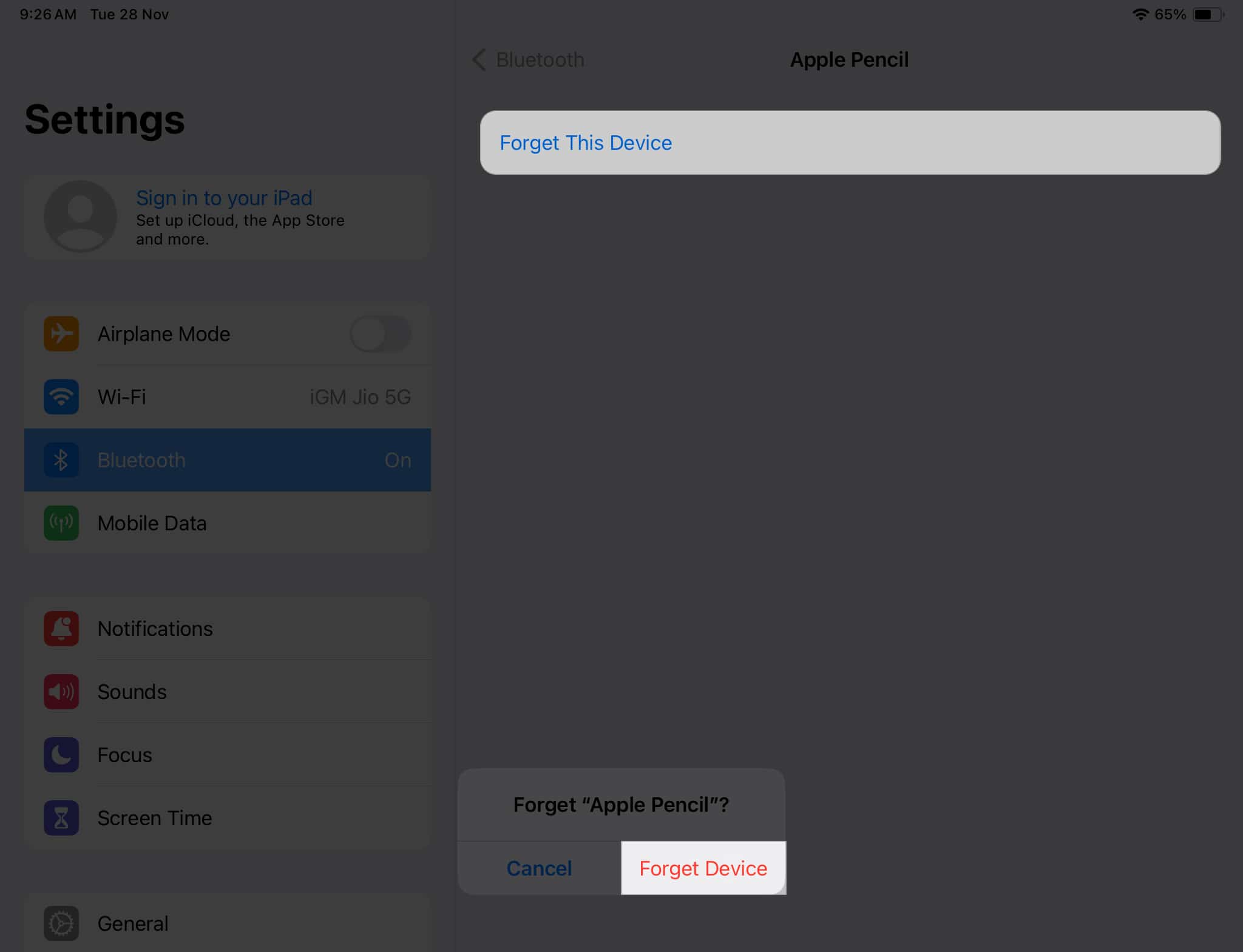 Forget this device, Forget Device in Apple Pencil settings