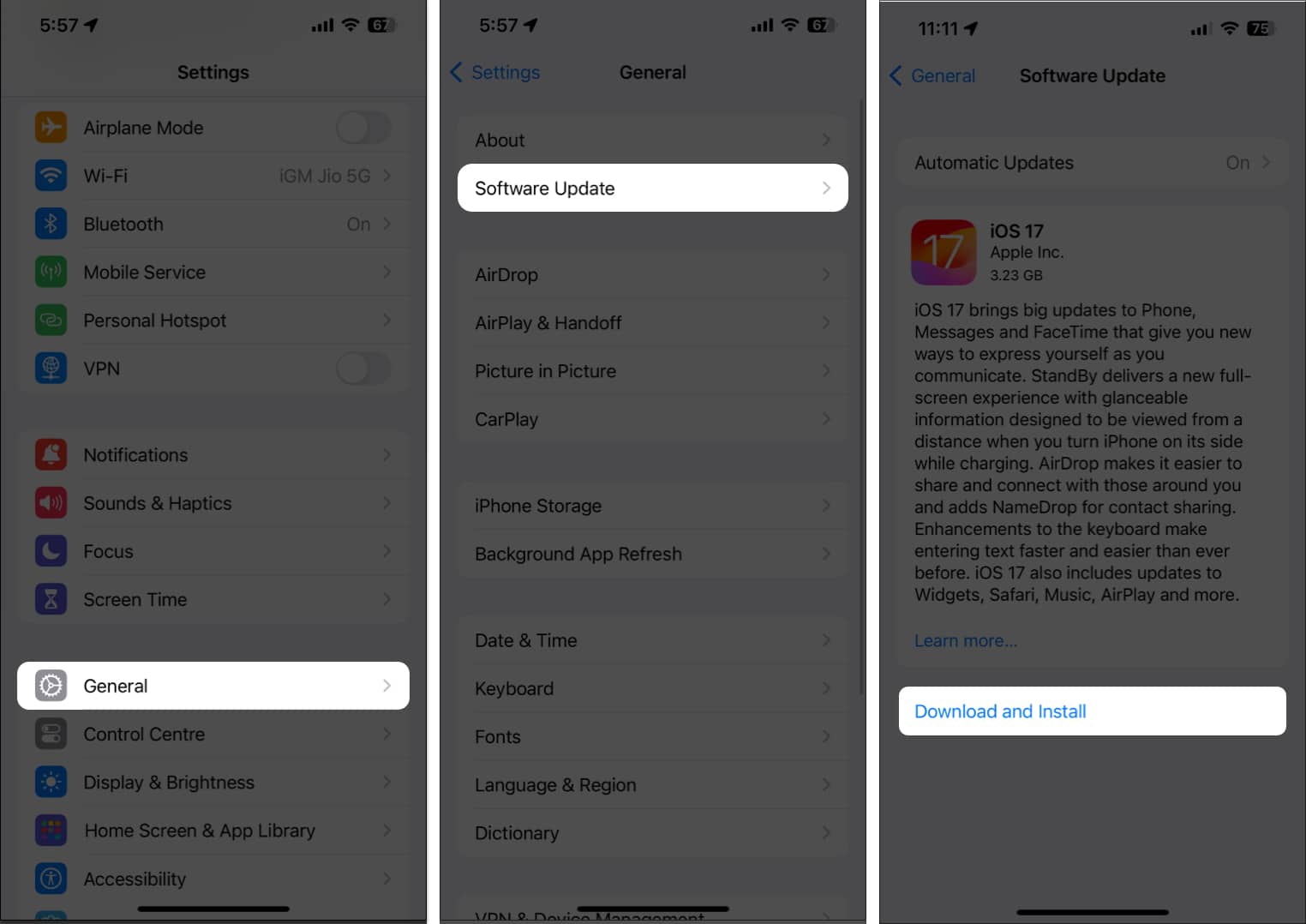 General, Software Update, Download and Install iOS17