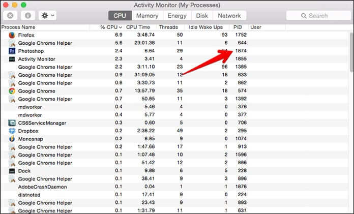 Get Process ID from Activity Monitor on Mac