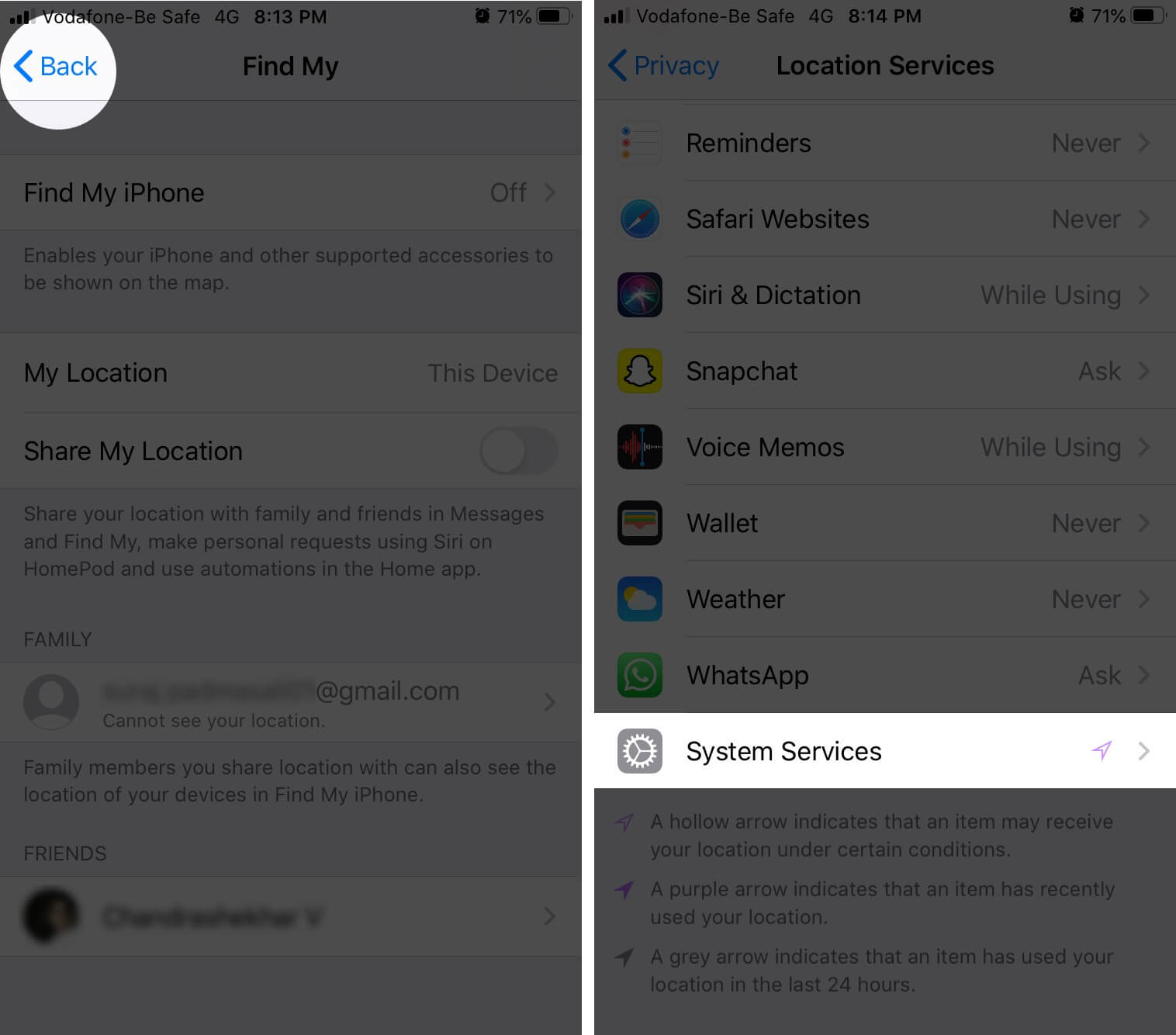 Go Back and Tap on System Services on iPhone