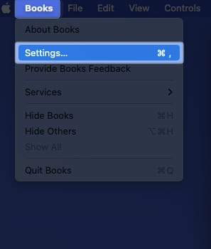 Go to Settings in Books on Mac