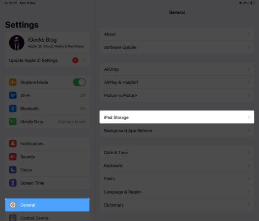 Go to iPad Storage from settings on iPad