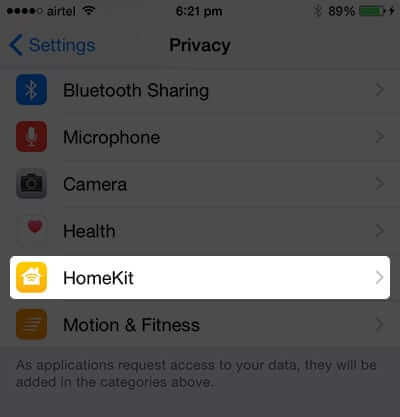 HomeKit Settings on iPhone