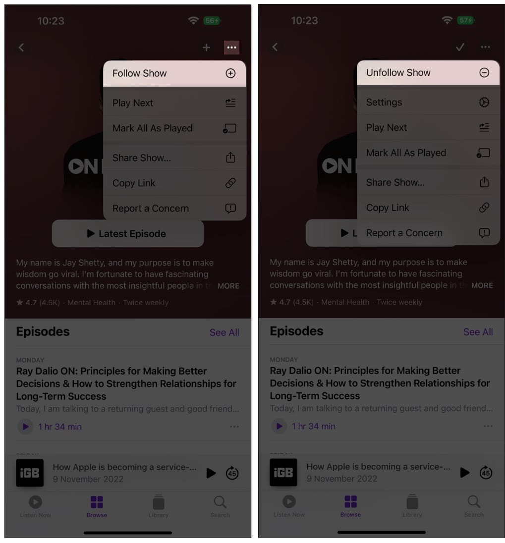 How to follow or unfollow a podcast on iPhone 