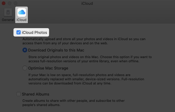 In iCloud Tab Enable iCloud Photos on Mac