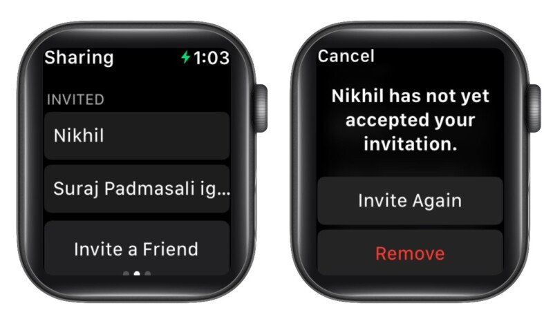 Invite Again or Remove for activity sharing on Apple Watch