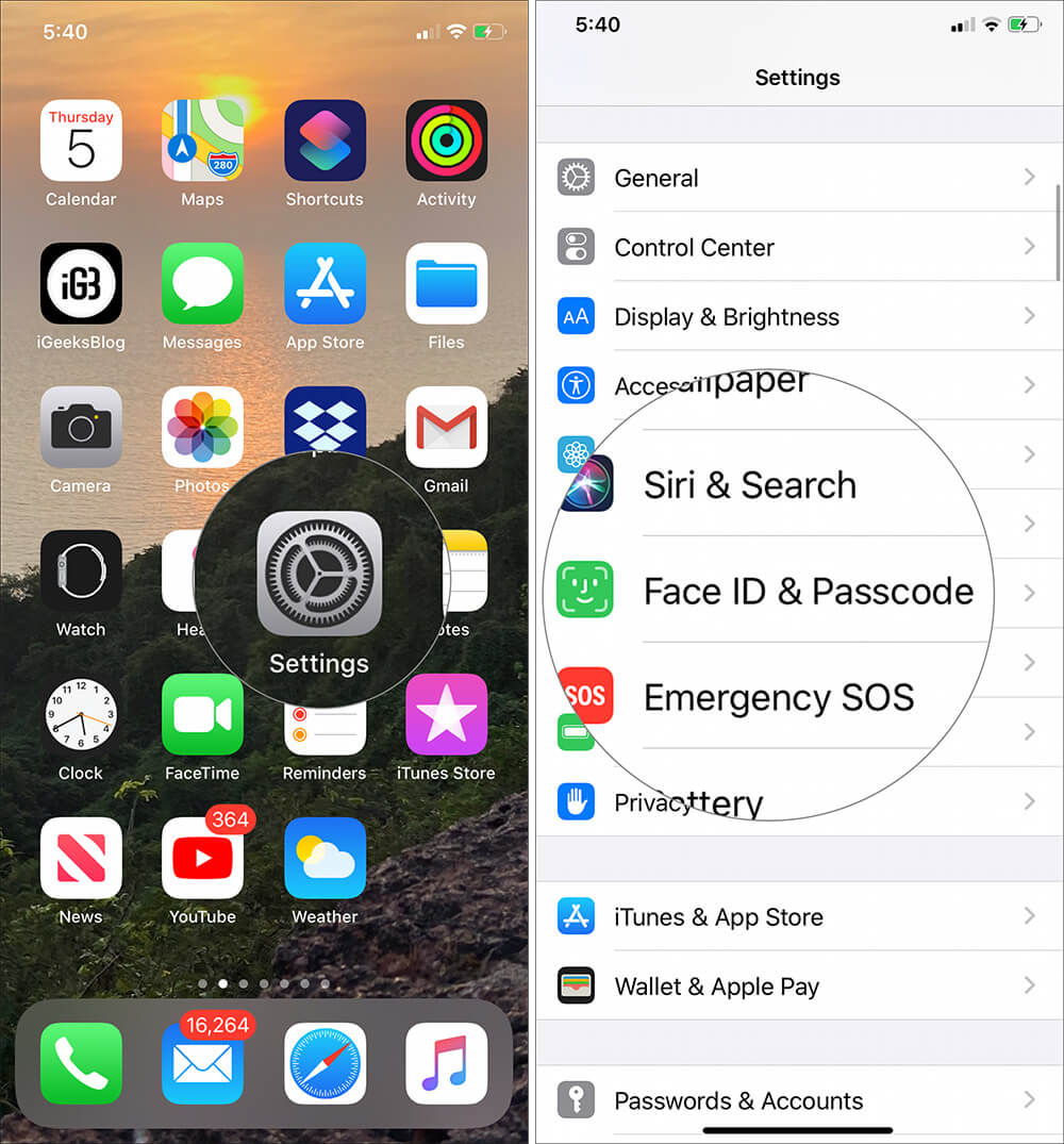 Launch Settings app and tap on Face ID and Passcode on iPhone