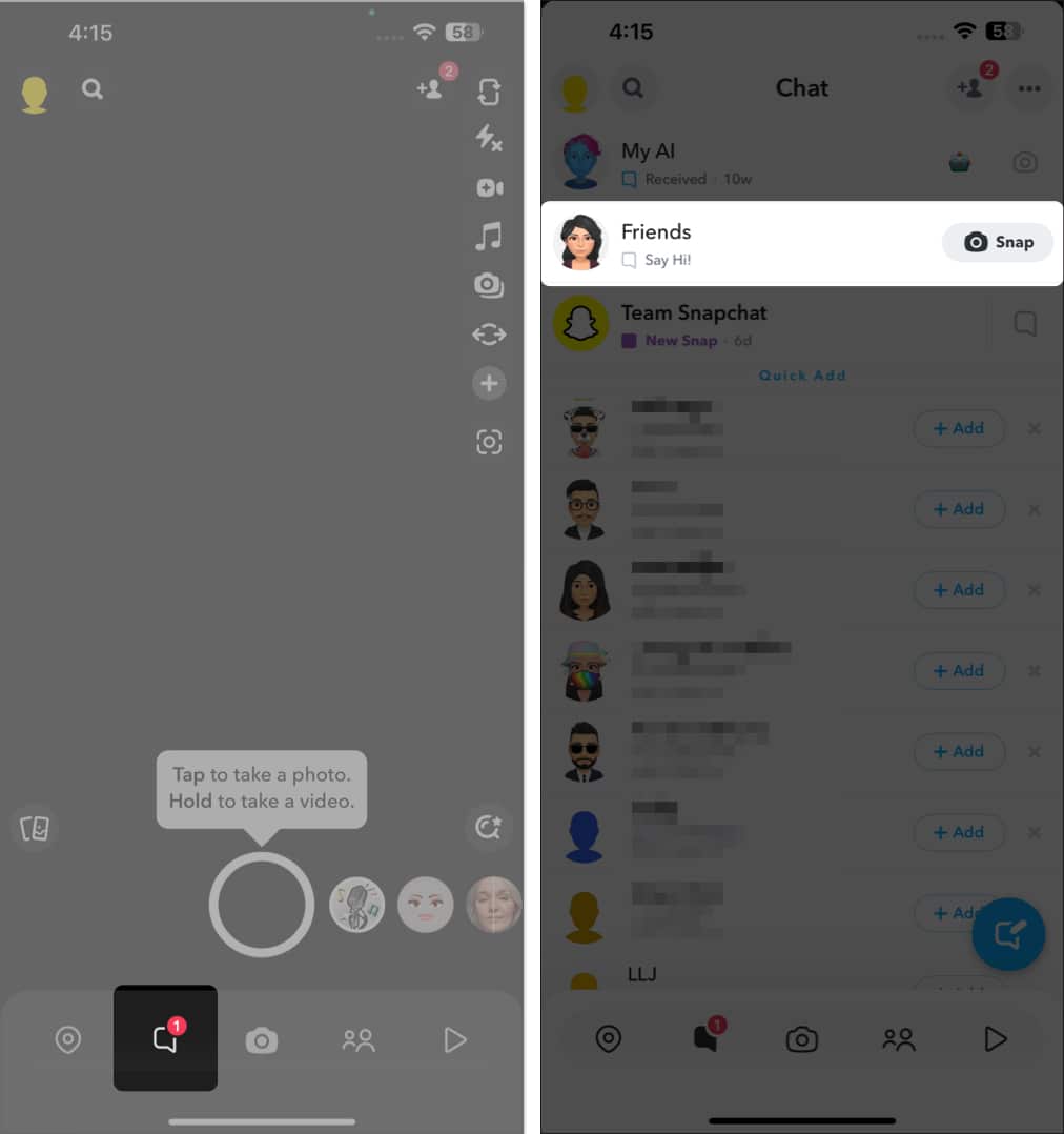Launch Snapchat, tap chat icon, select the friend’s profile