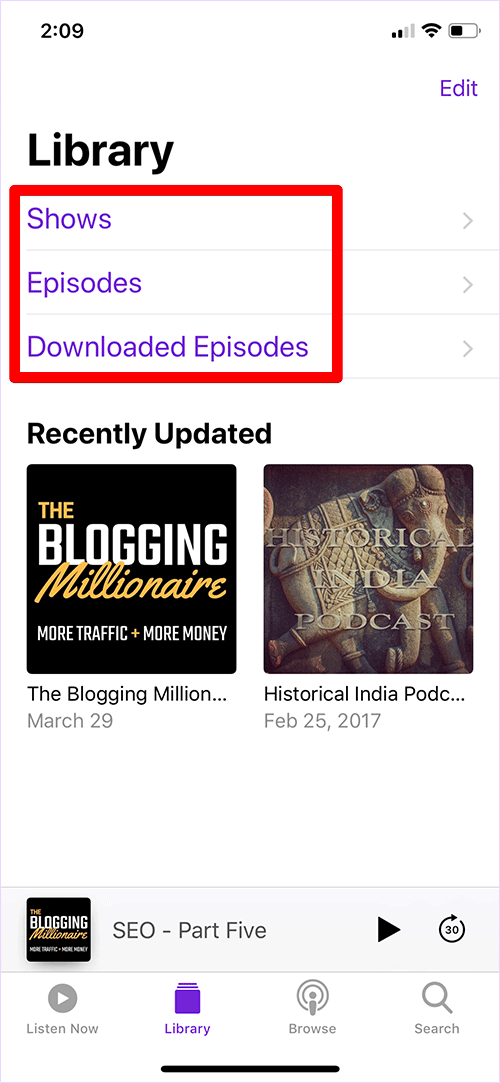 Library Options in iOS Podcasts App
