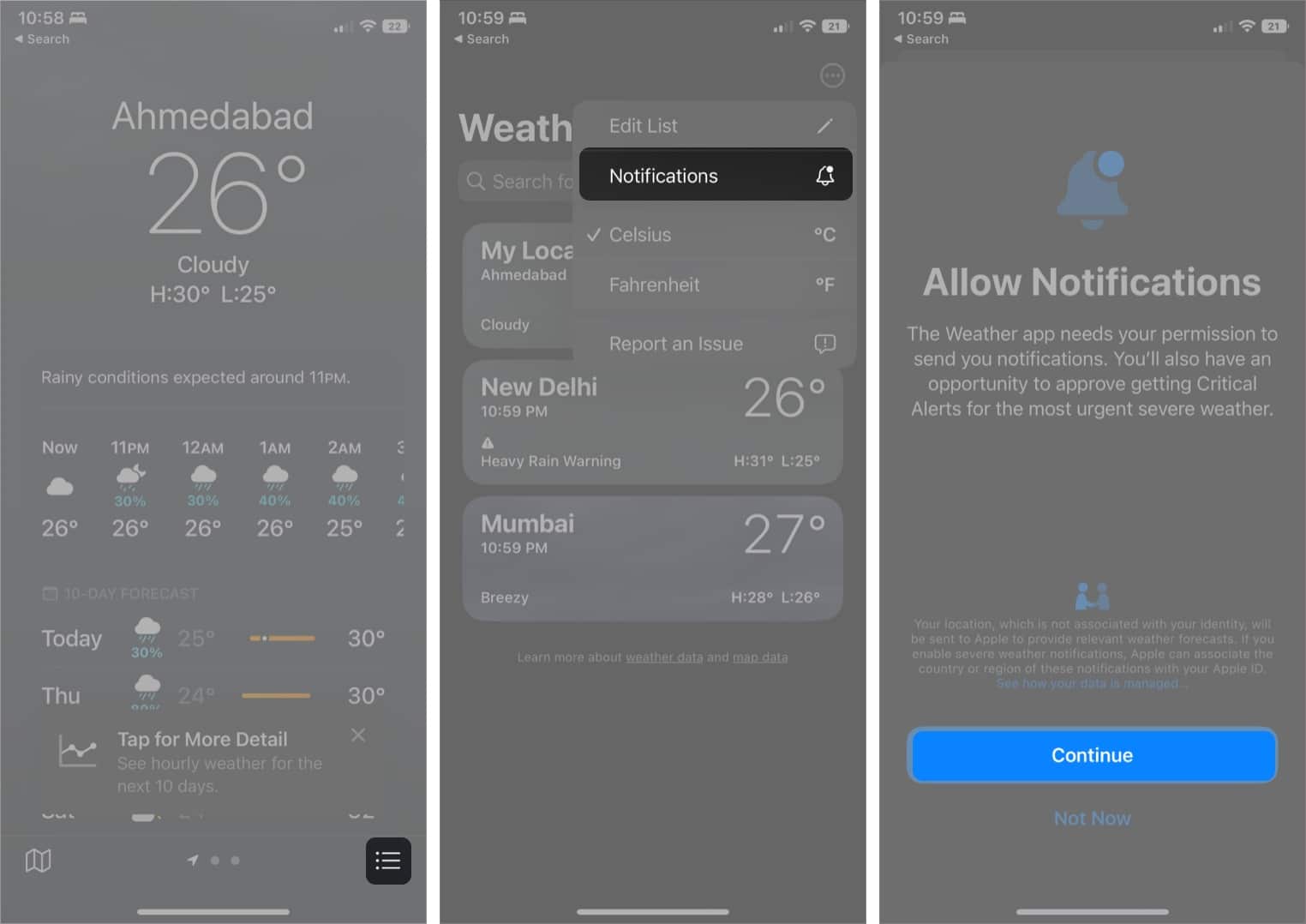 Setting up your location in the weather app