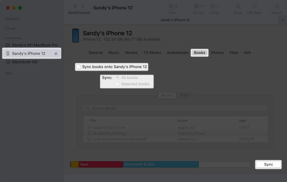 Manually sync books using Finder on Mac