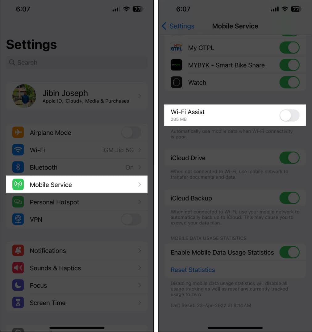 Cellular, toggle off Wi-FI assist