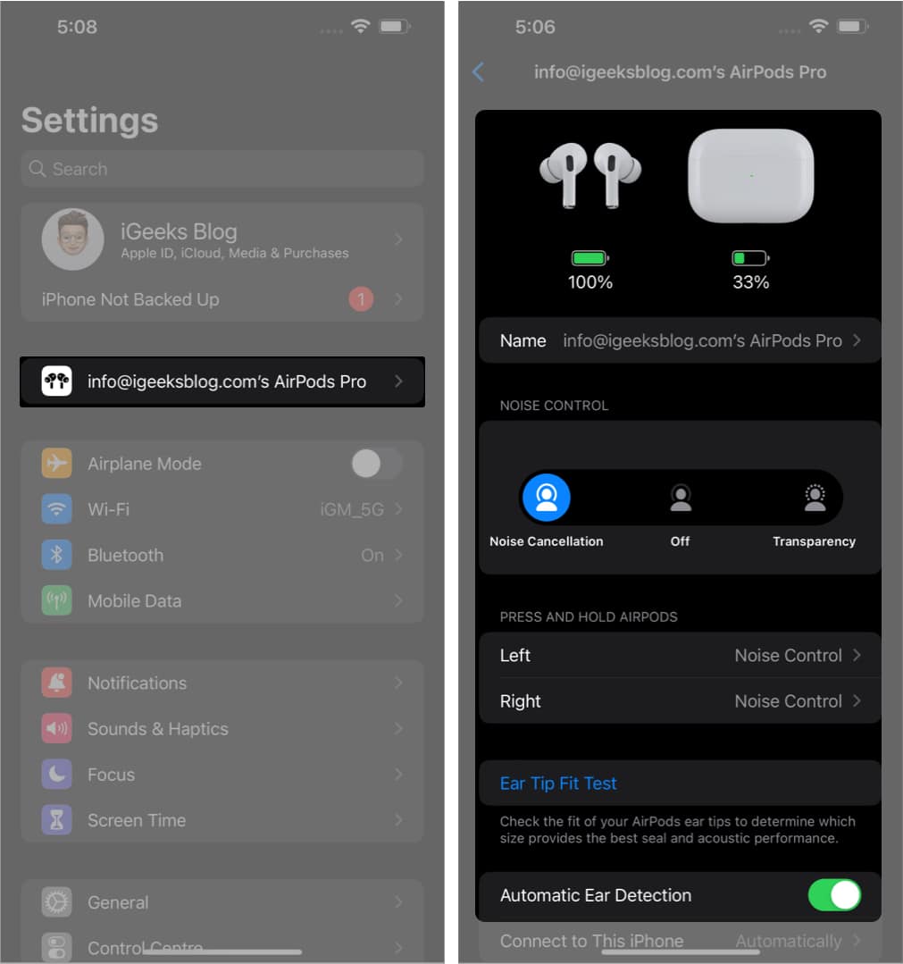 Navigate to the AirPods settings for iOS 16