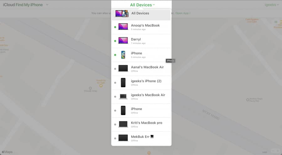 Navigate to the device you want to enable Lost Mode on