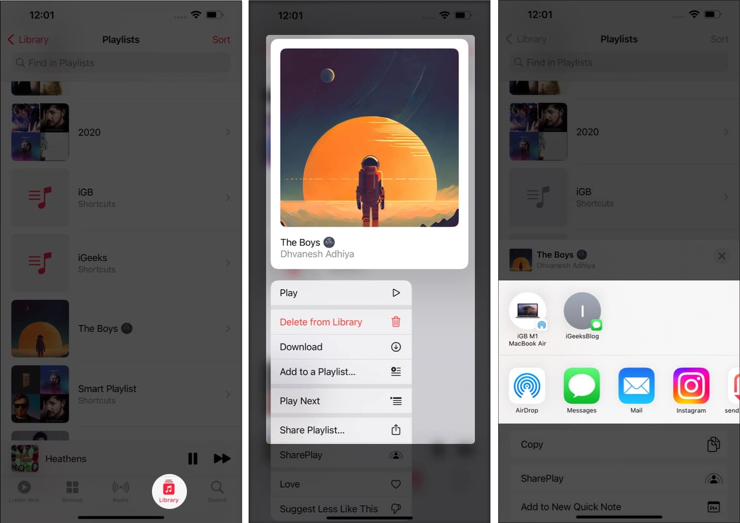 Open Apple music, tap Library, Press and hold the playlist, tap share playlist, choose how you want to share