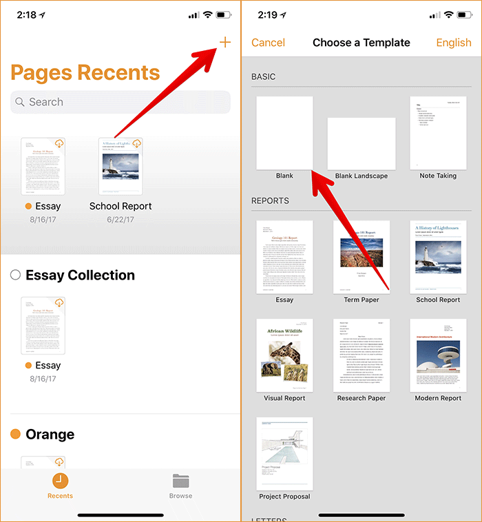 Open Blank Template in Pages App on iPhone or iPad