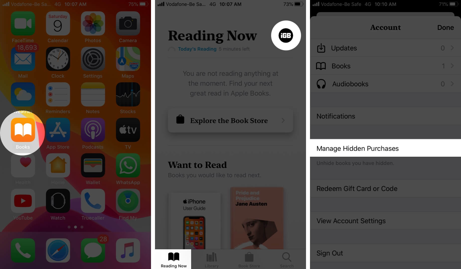 Open Books App Tap on Profile and Then Tap on Manage Hidden Purchases