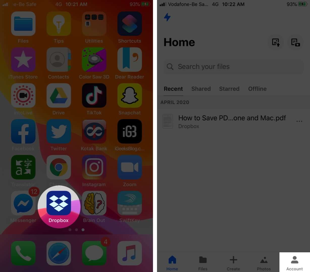 Open Dropbox and Tap on Account in iOS 13 on iPhone