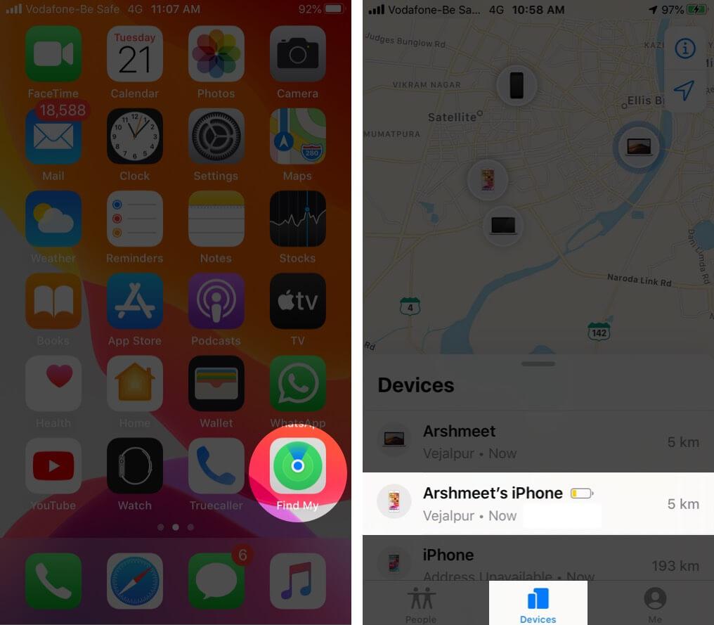 Open Find My App and Tap on Missing Device on iPhone