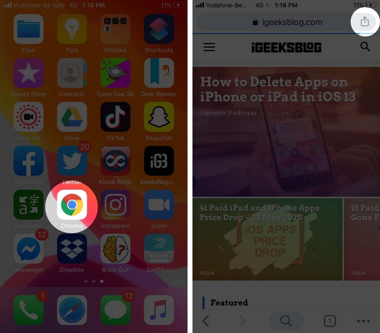 Open Google Chrome and Tap on Share