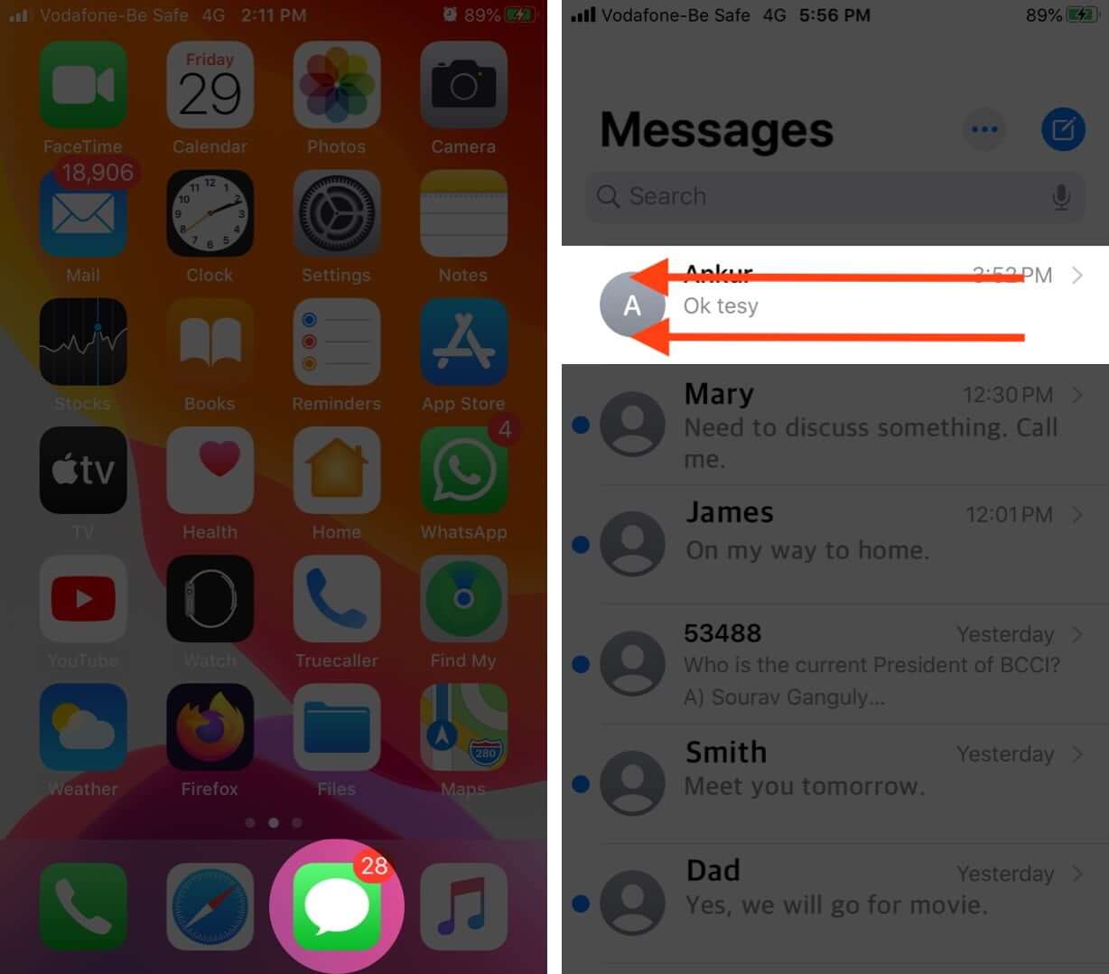 Open Messages App and Swipe Left on Conversation