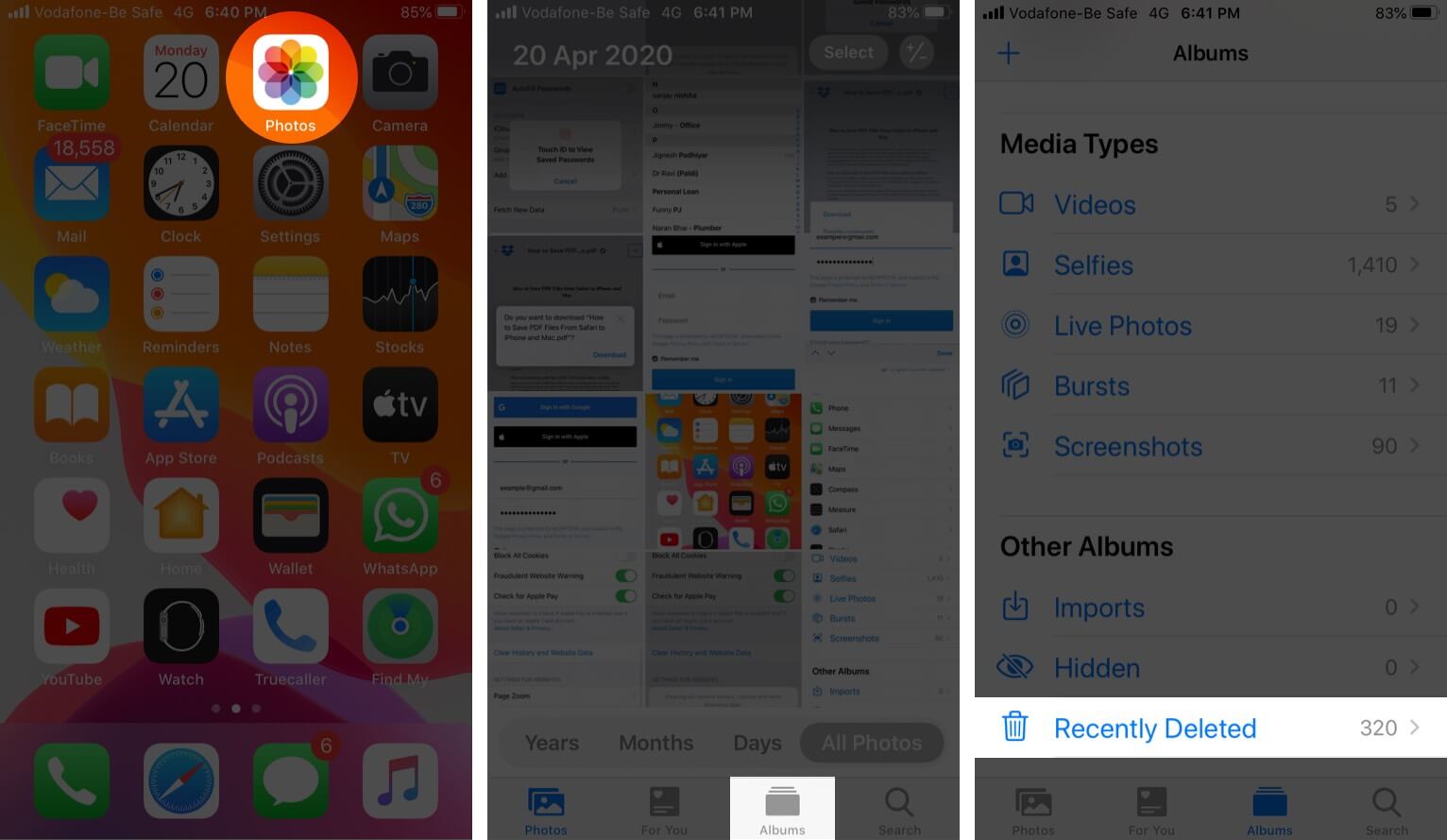 Open Photos App Tap on Album and Then Tap on Recently Deleted