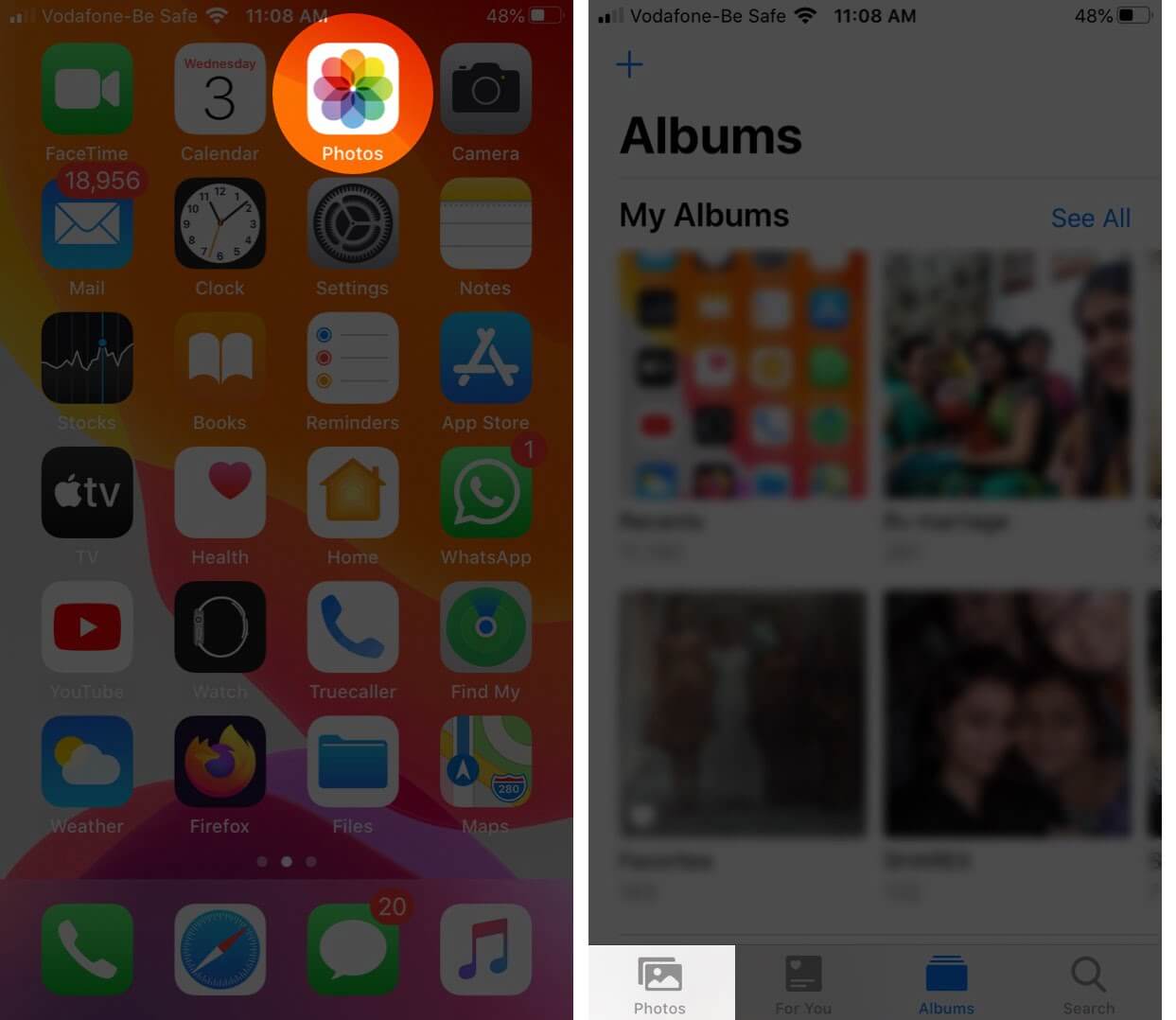 Open Photos App and Tap on Photos Tab on iPhone