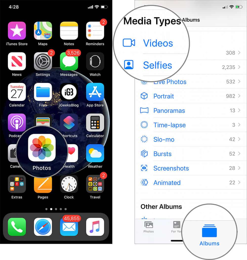 Open photos app then tap on album tab and tap on video on idevice