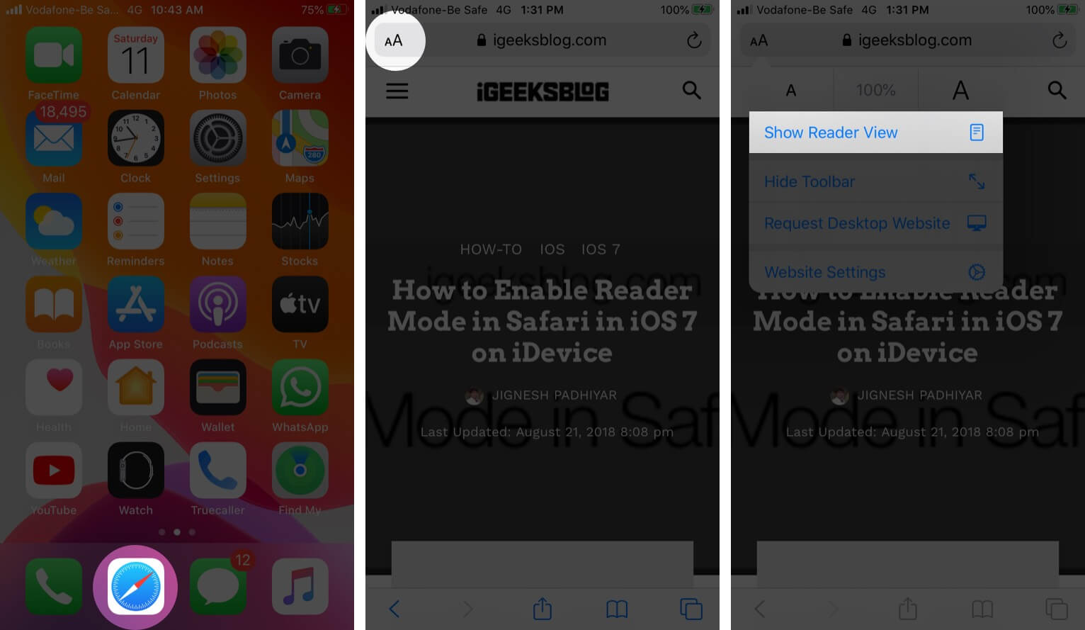 Open Safari Tap on AA and Then Tap on Show Reader View