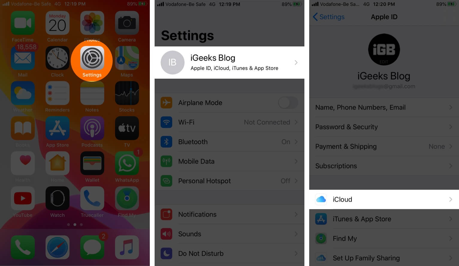 Open Settings Tap on Profile and Then Tap on iCloud on iPhone