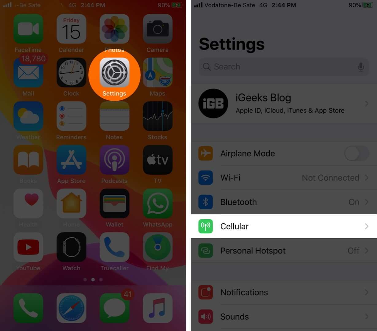 Open Settings and Tap on Cellular on iPhone