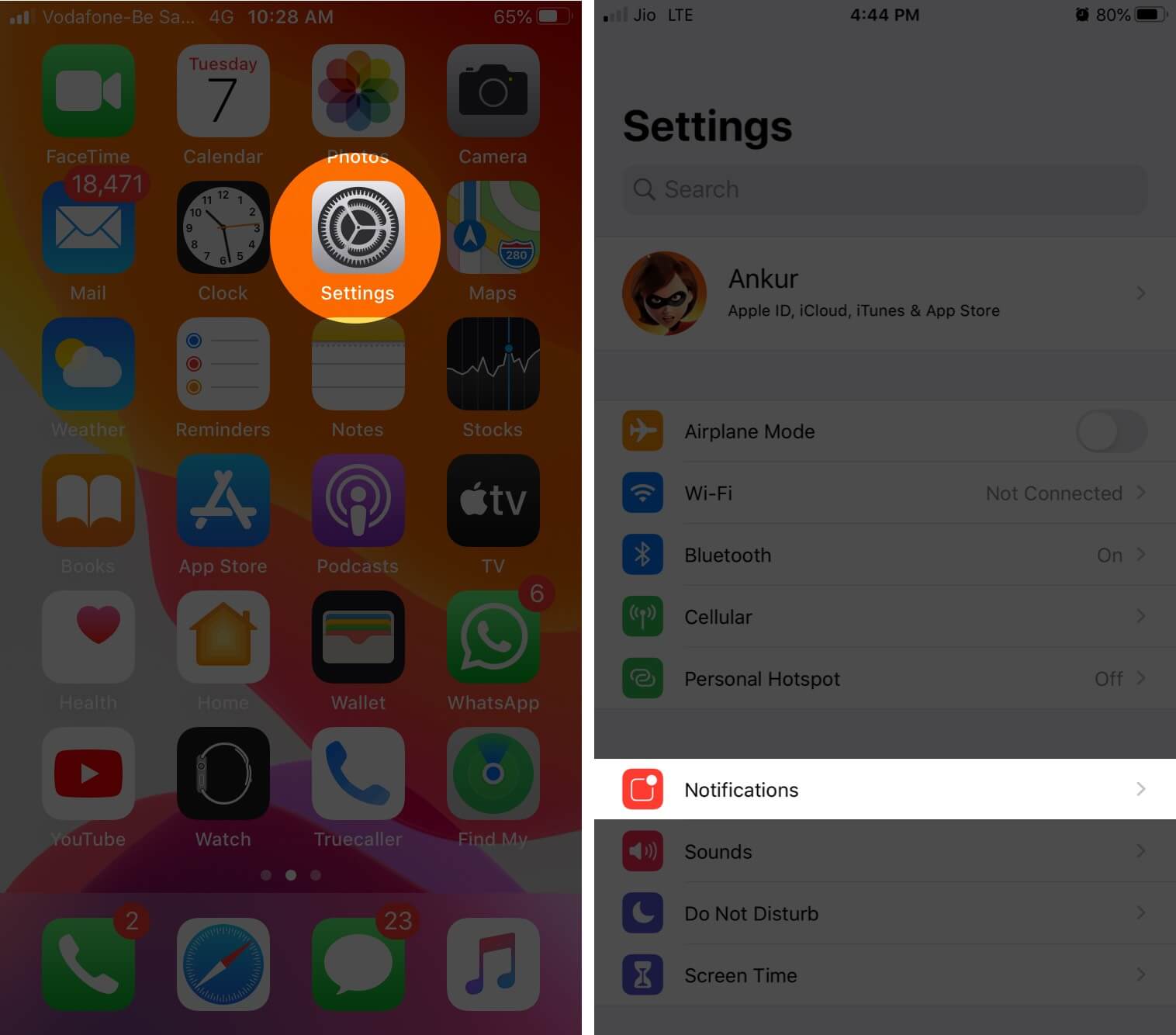 Open Settings and Tap on Notifications on iPhone