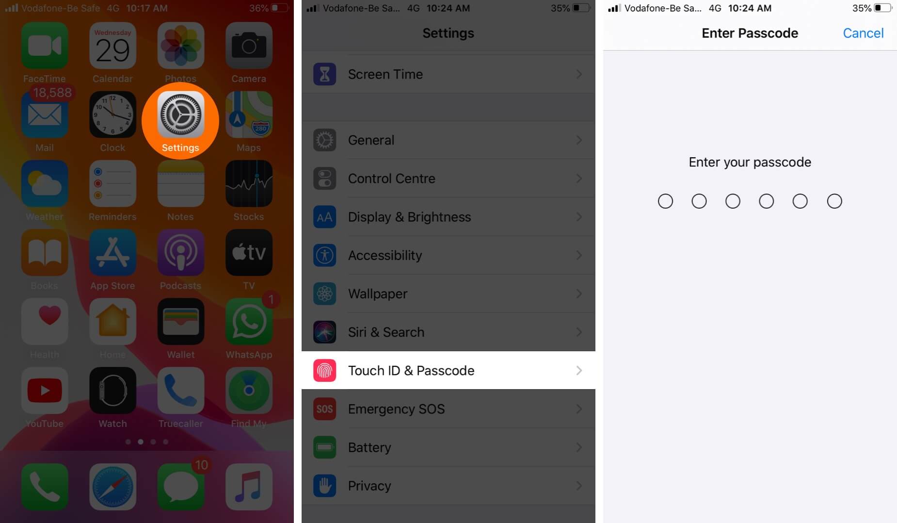 Open Settings and Tap on Touch ID & Passcode