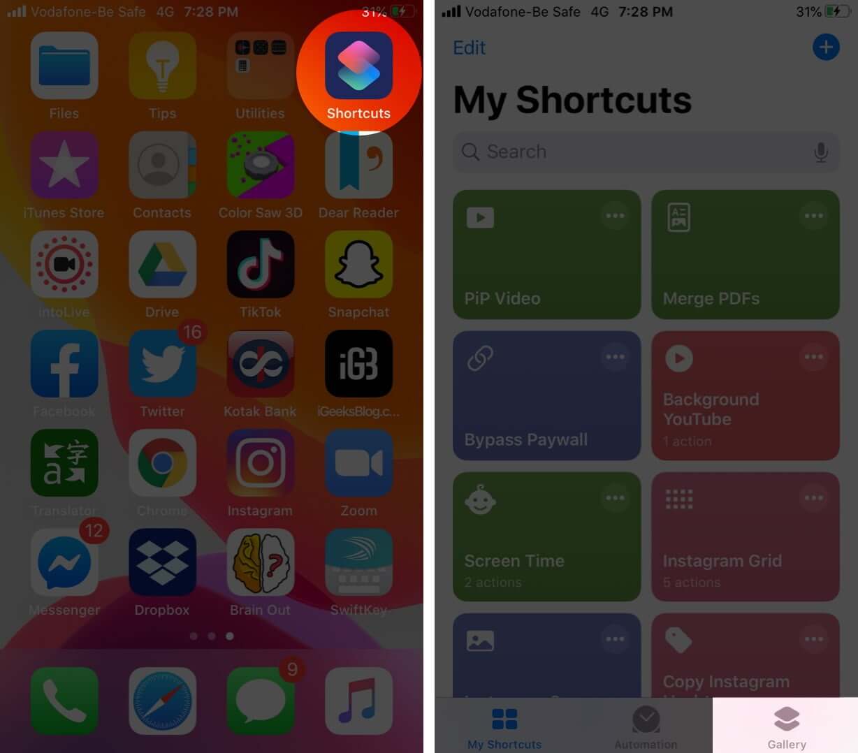 Open Shortcuts App and Tap on Gallery Tab on iPhone