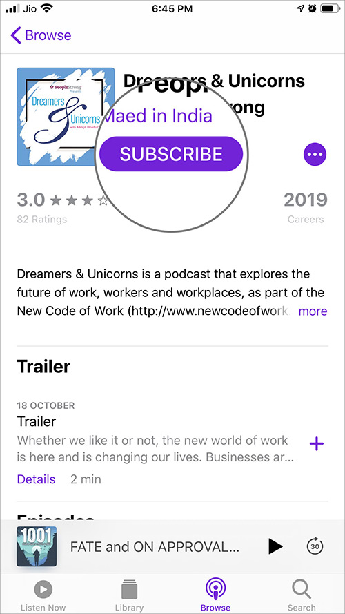 Open Show and Tap on Subscribe Shows in iPhone Podcasts App