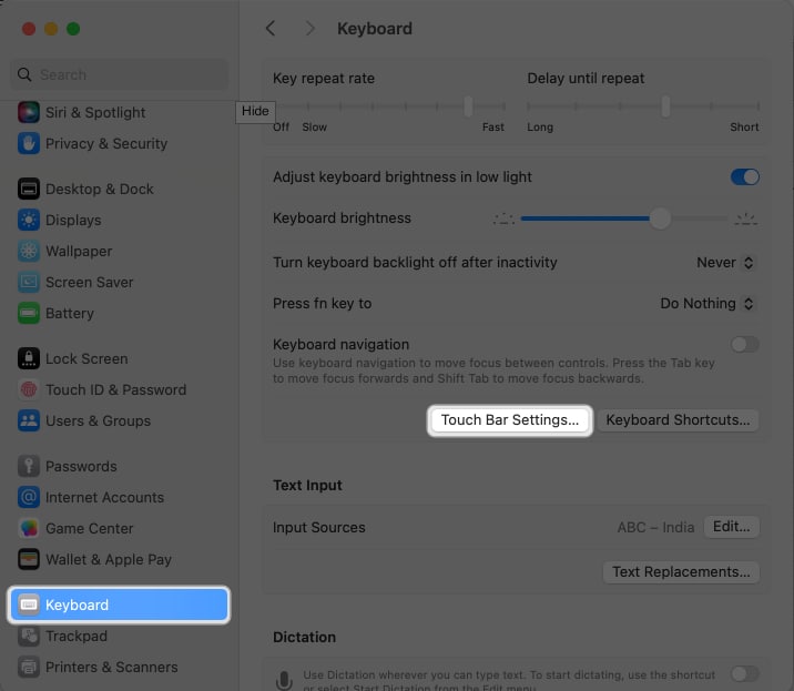 Open System Settings, select Keyboard and tap Touch Bar Settings