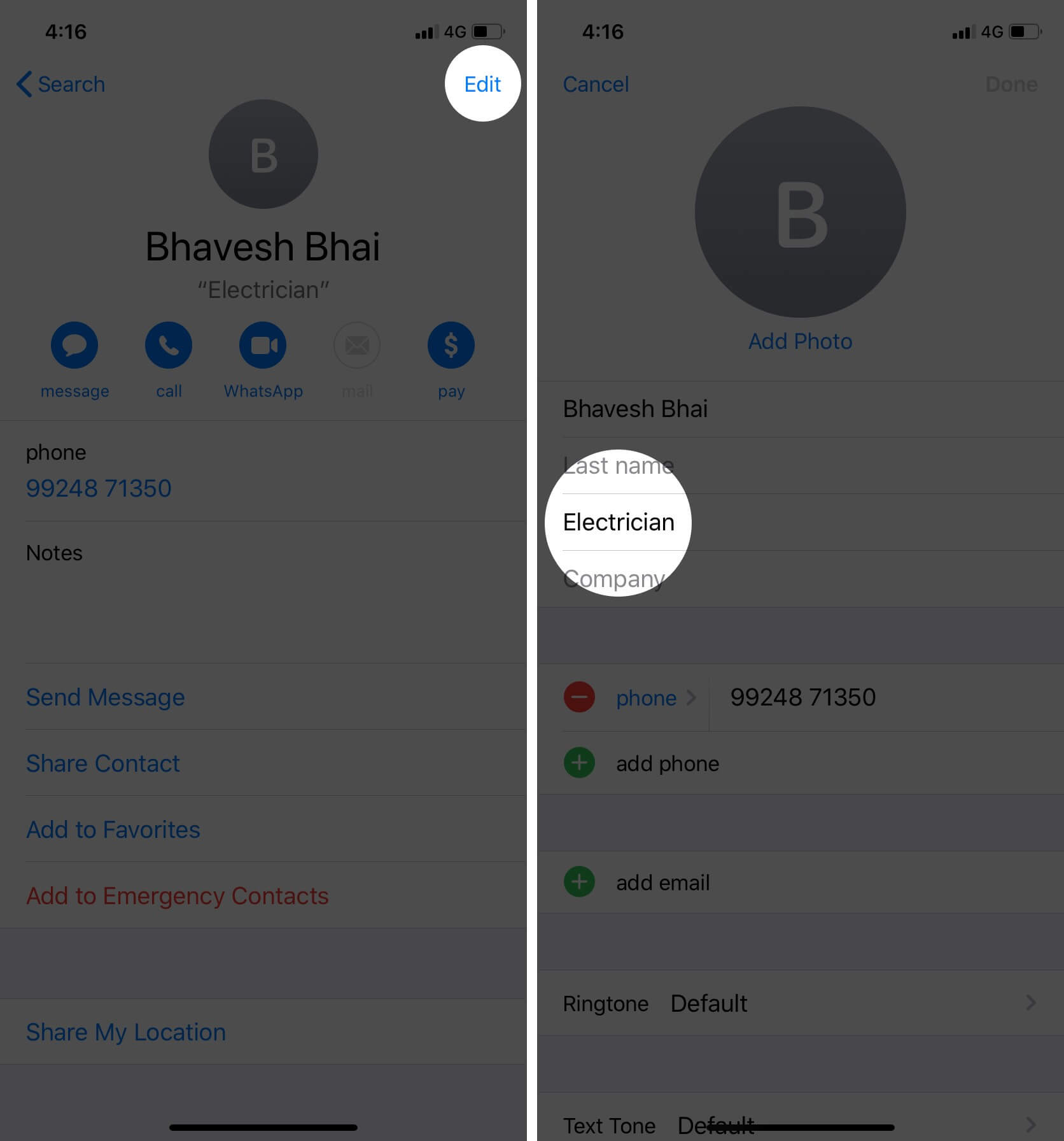 Open iPhone Contacts app and select Contact with nickname