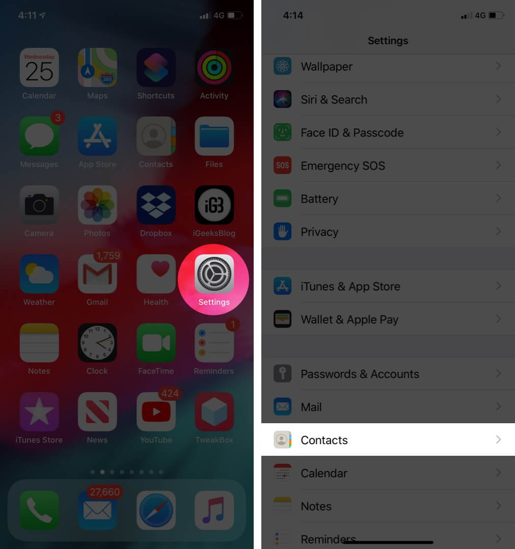 Open iPhone Settings and tap on Contacts