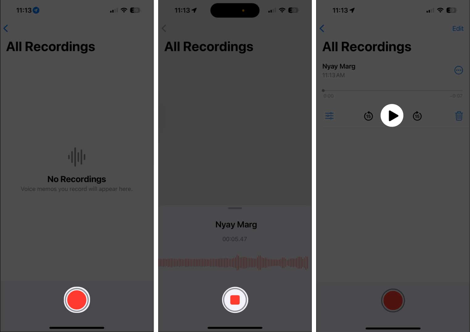 Play, Pause, Listen the recording in Voice Memos