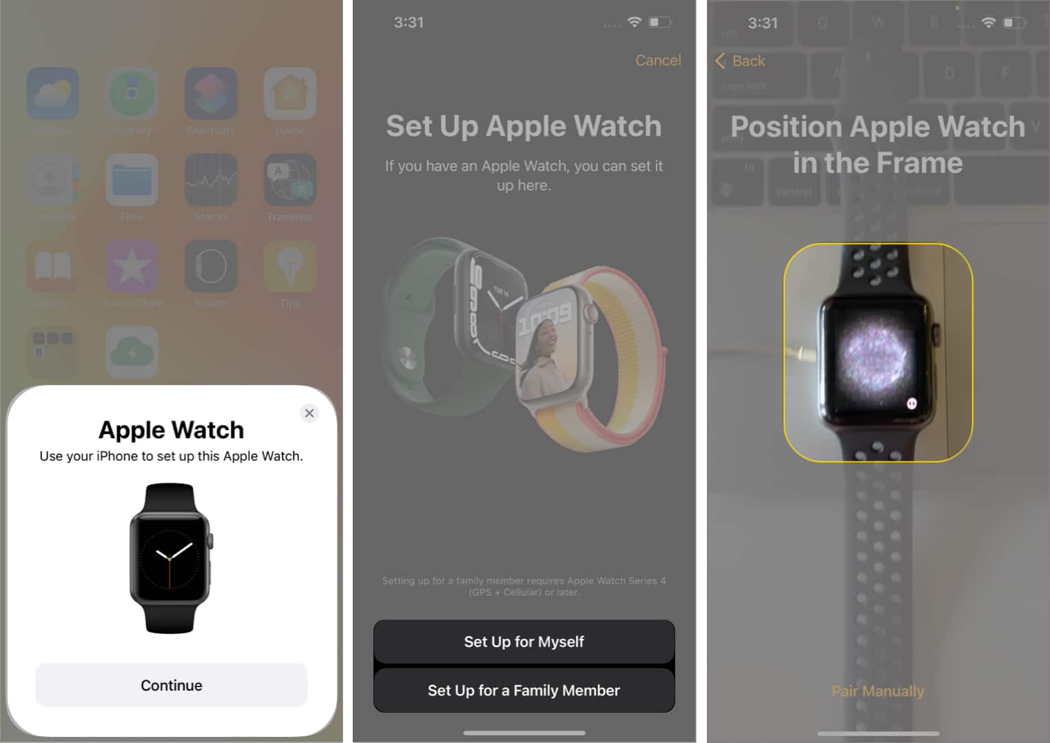 Position Apple Watch in the Frame to pair with iPhone