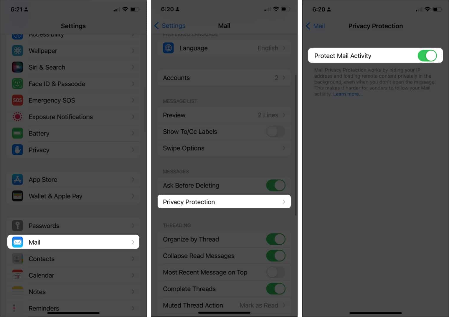 Protect mail activity on an iPhone