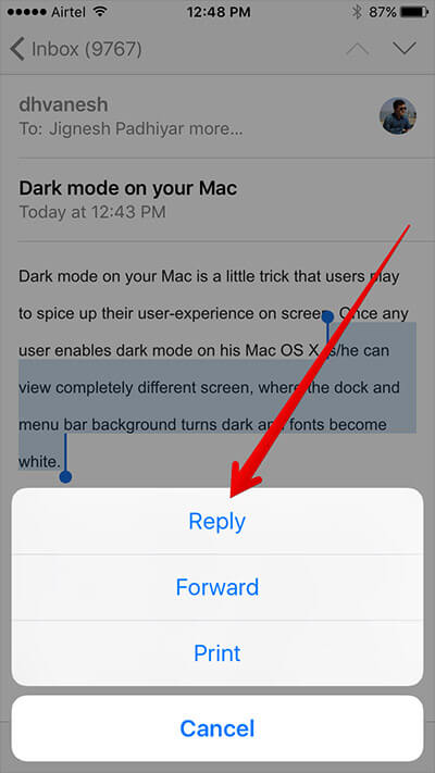 Quote Text in Email Reply on iPhone or iPad